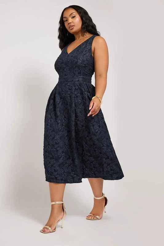 Yours London YOURS LONDON Curve Navy Blue Floral Jacquard Prom Skater Dress