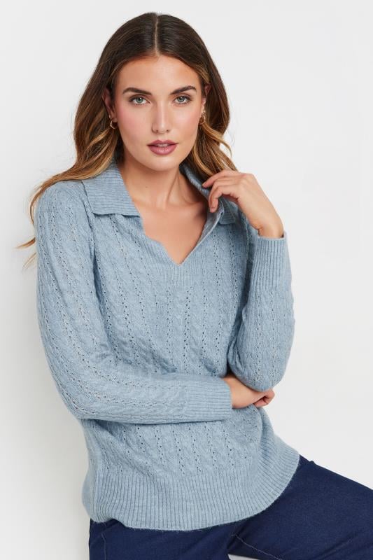 LTS LTS Tall Blue Open Collar Cable Knit Jumper