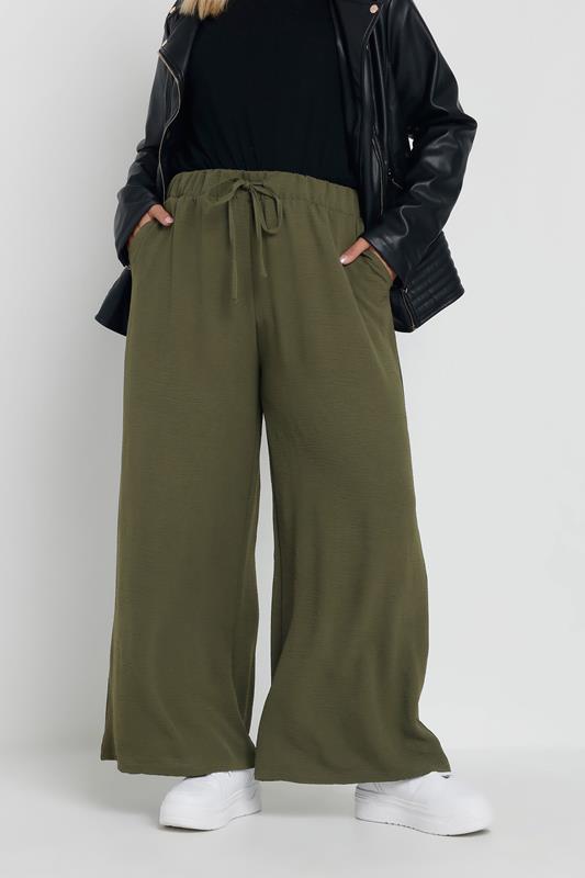 Yours YOURS Curve Khaki Green Crepe Wide Leg Trousers