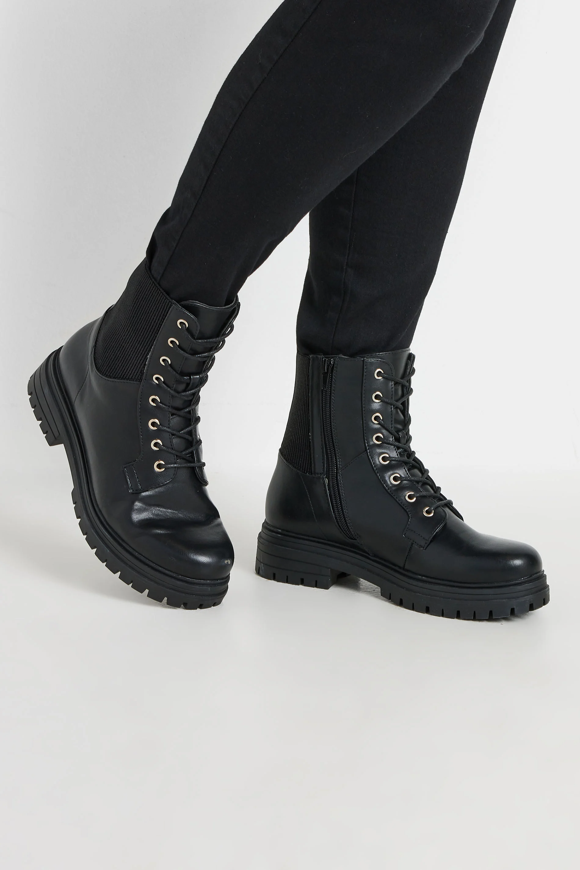 Yours Black Stretch Panel Lace Up Chunky Boots In Wide E Fit & Extra Wide EEE Fit