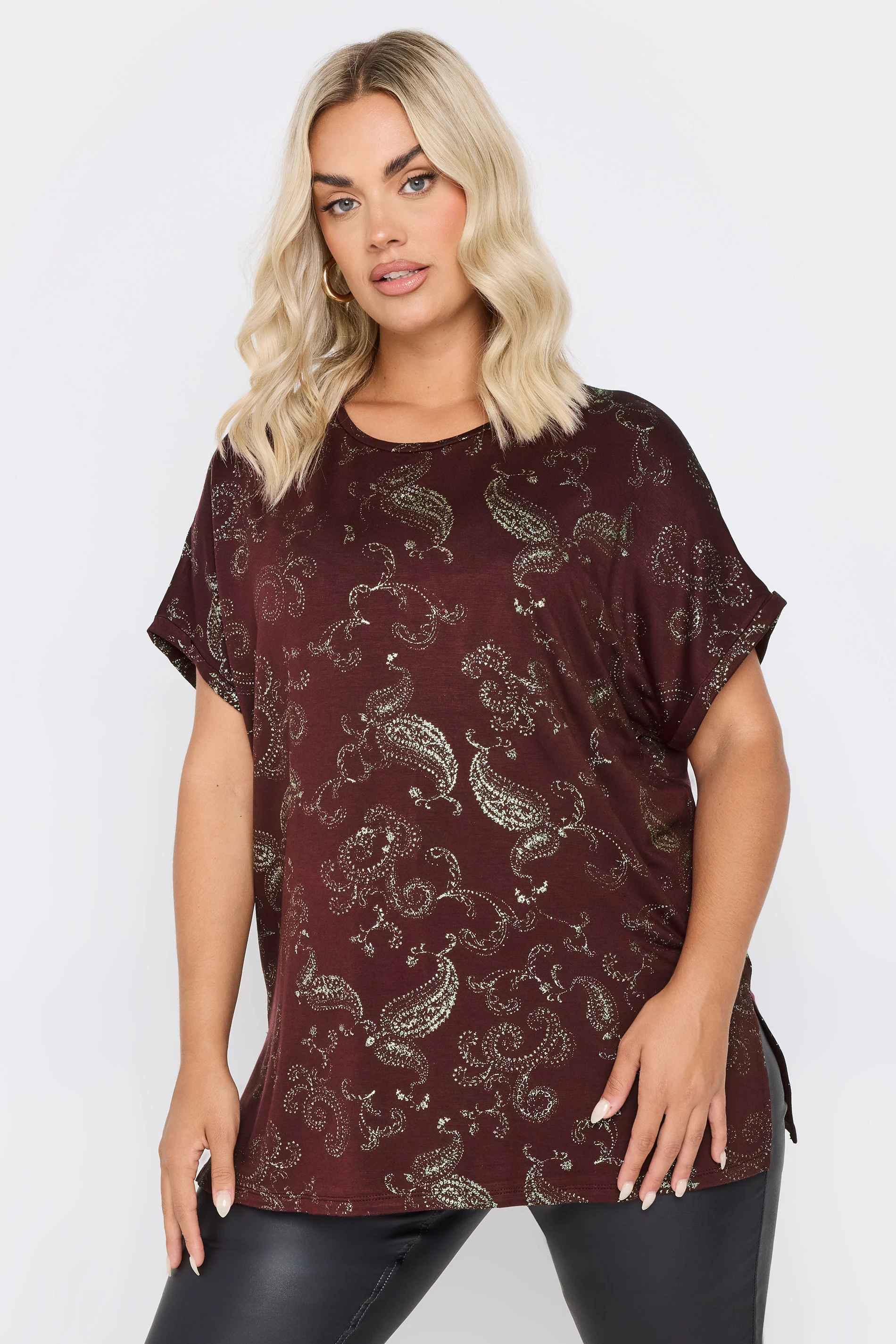 Yours YOURS Curve Burgundy Red Paisley Foil Print Top
