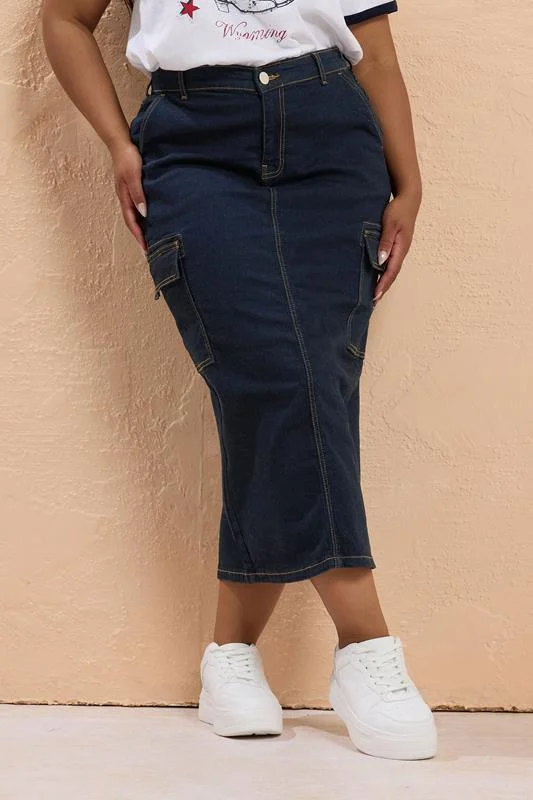 Yours YOURS Curve Indigo Blue Cargo Denim Midaxi Skirt