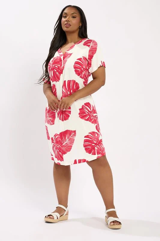 Yours YOURS Curve White & Red Palm Leaf Pleat Front Tunic Dress