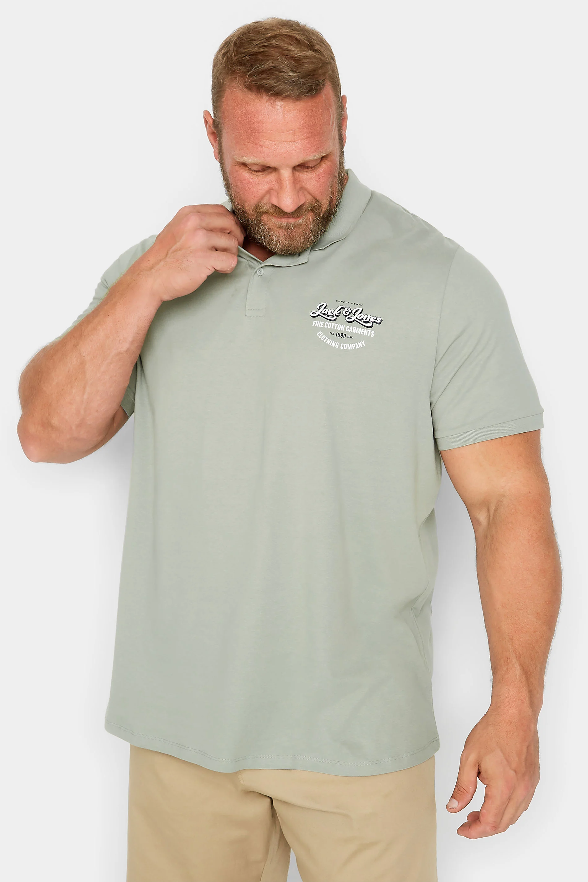Jack & Jones JACK & JONES Big & Tall Light Grey Logo Print Polo Shirt