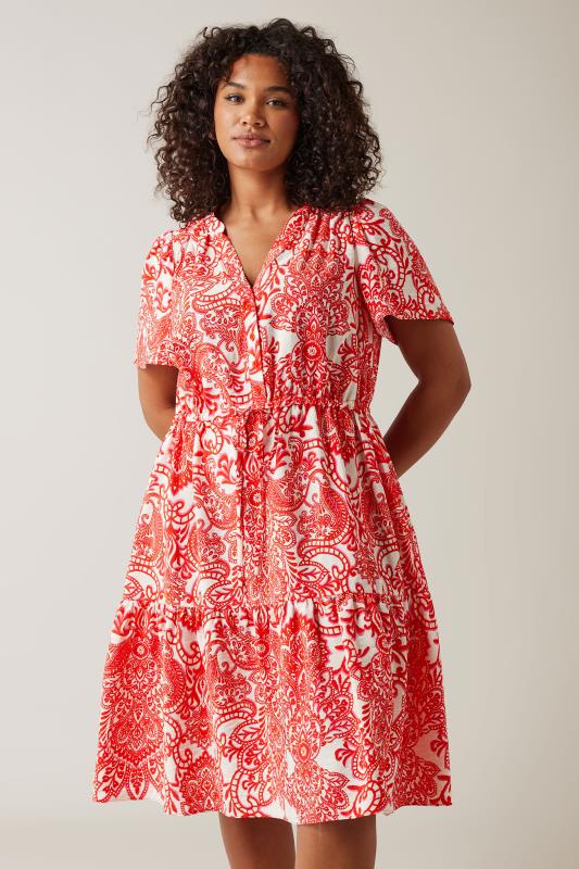 Evans EVANS Curve Red Paisley Print Midi Shirt Dress