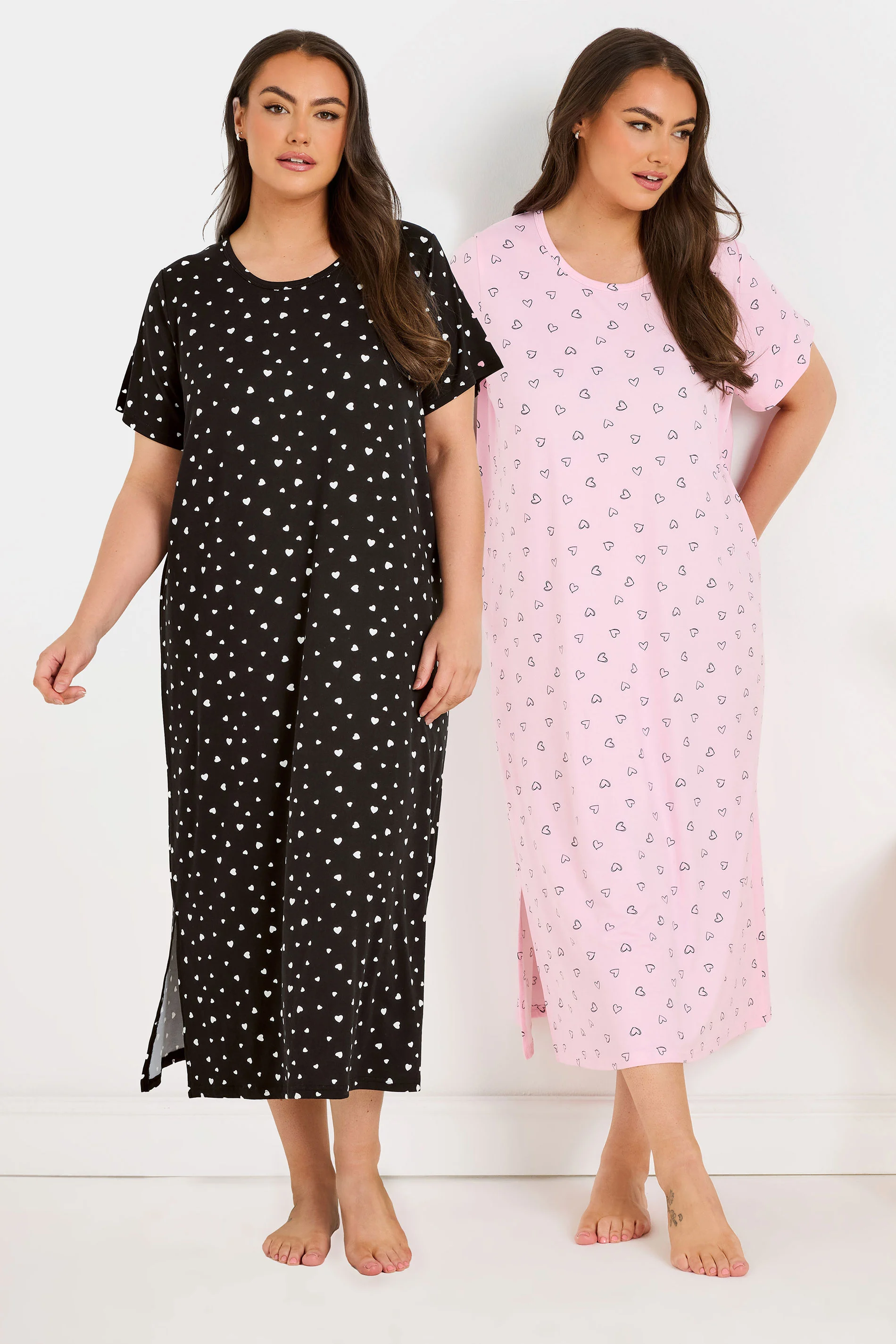 Yours YOURS Curve 2 PACK Pink & Black Heart Print Midaxi Nightdresses