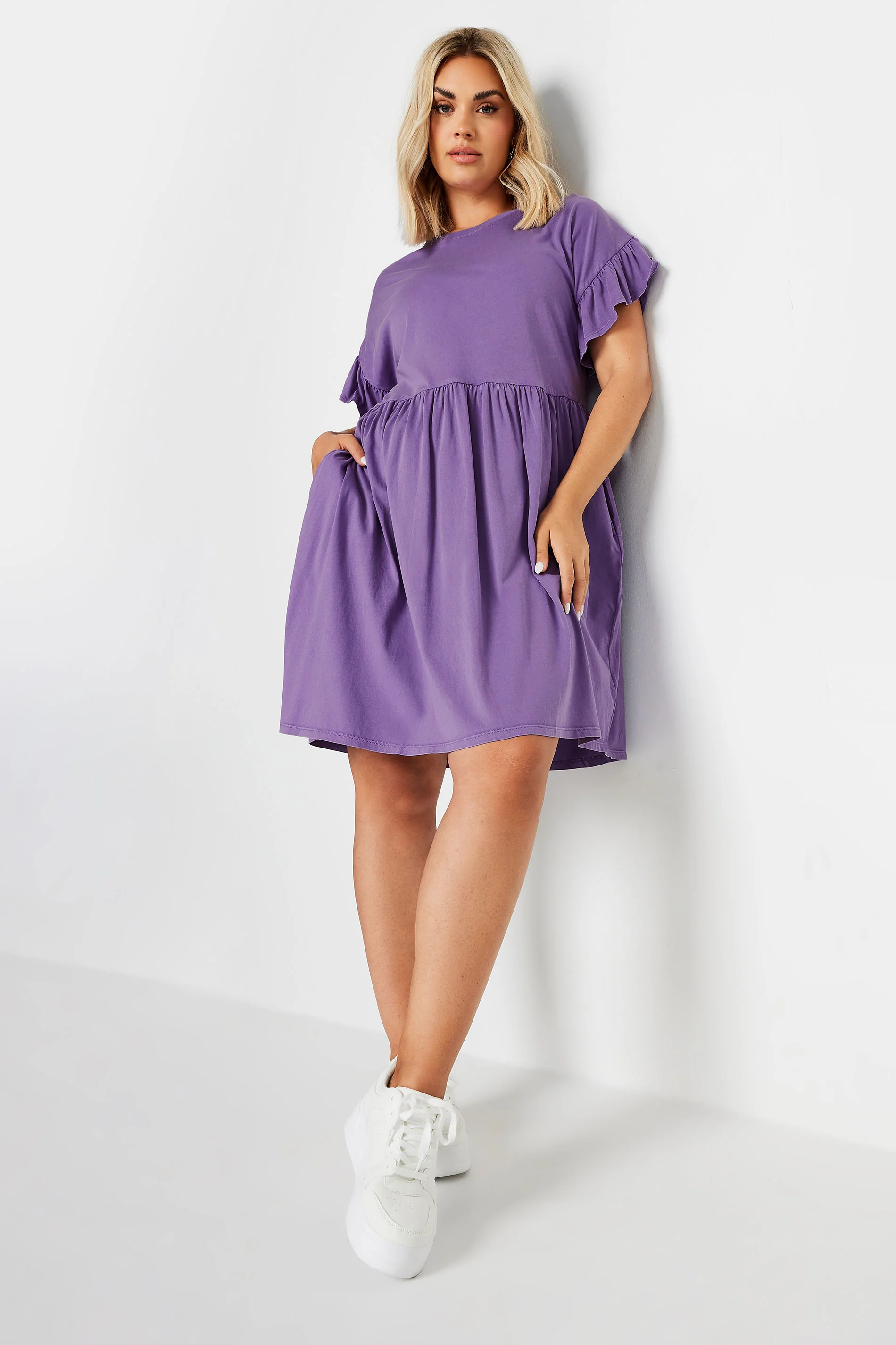 Yours YOURS Curve Purple Acid Wash Frill Sleeve Mini Dress
