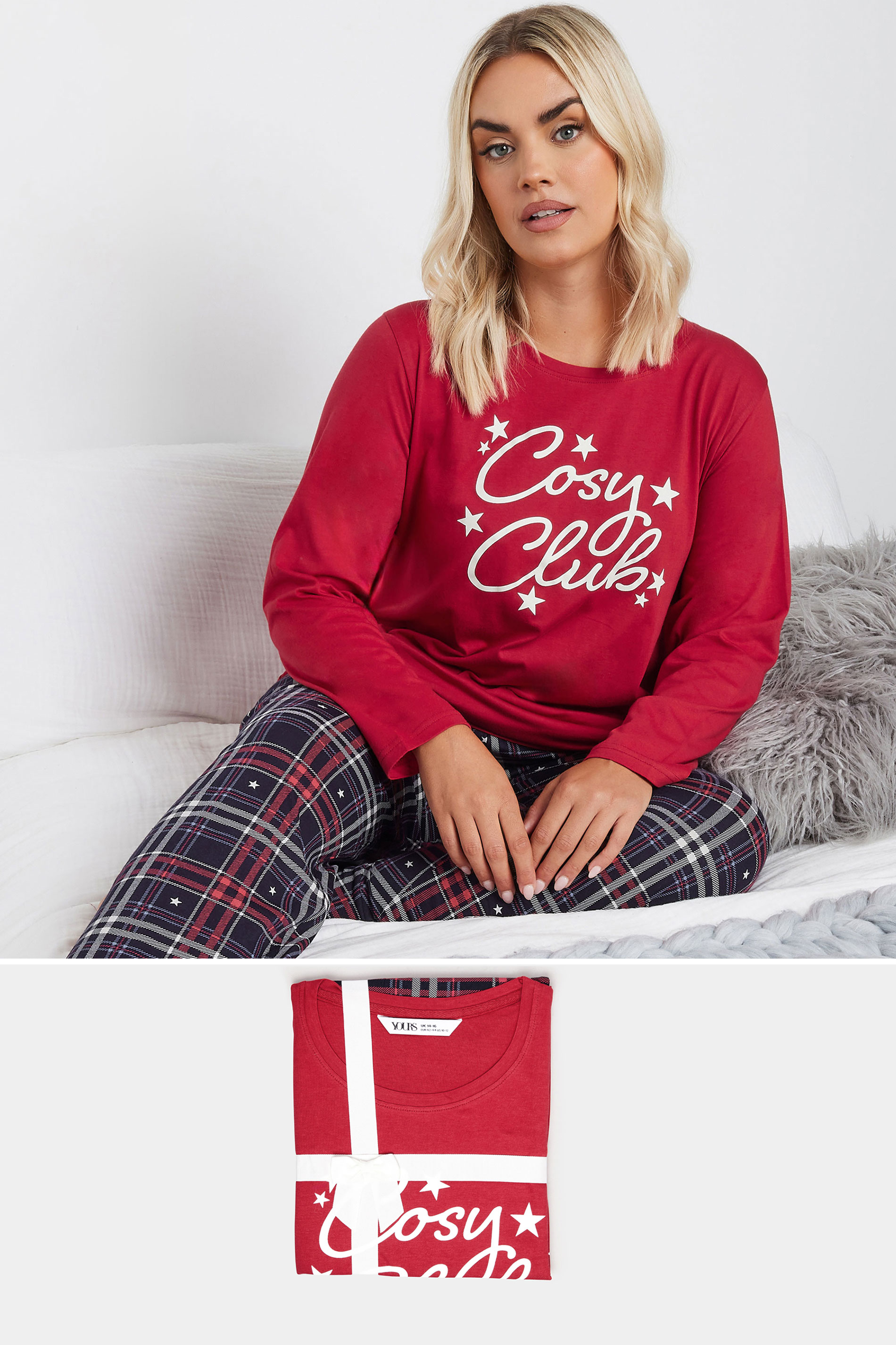 Yours YOURS Curve Red 'Cosy Club' Check Print Wide Leg Pyjama Gift Set