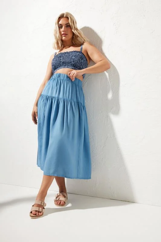 Yours YOURS Curve Blue Chambray Tiered Midi Skirt