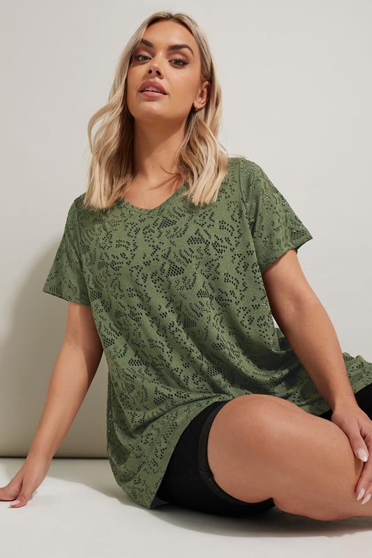 Yours YOURS Curve Khaki Green Broderie Anglaise Top