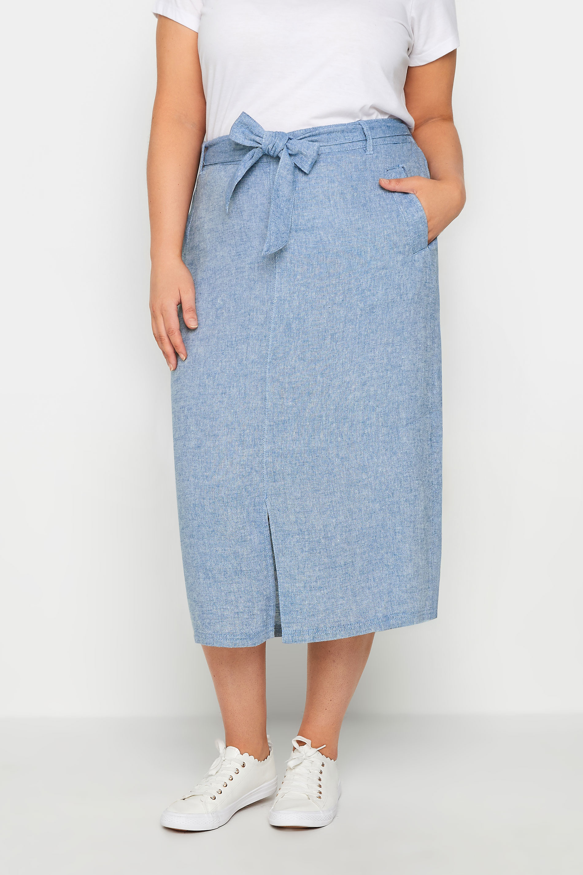 Evans Evans Light Blue Tie Waist Midi Skirt
