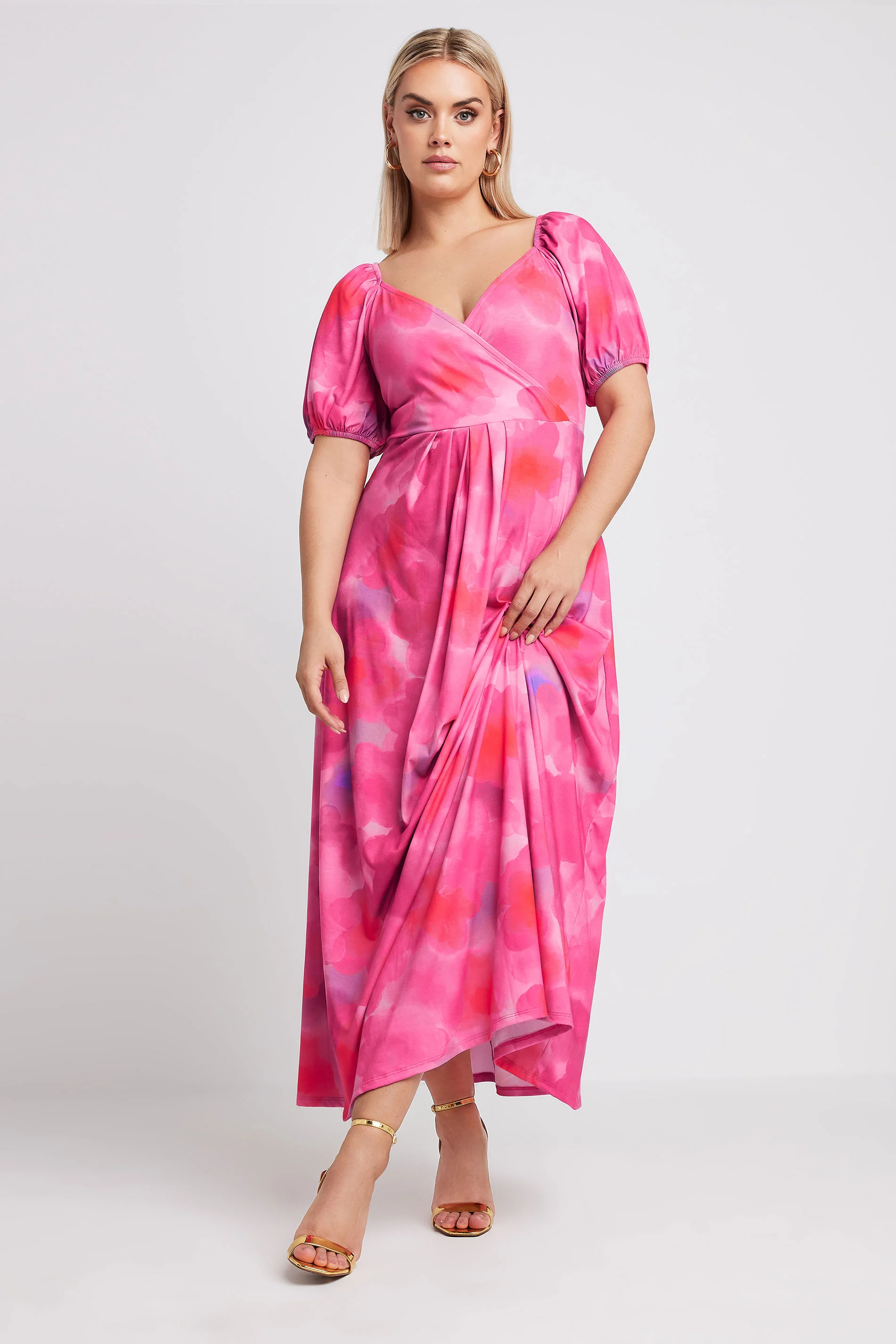 Yours YOURS Curve Pink Blur Floral Print Wrap Maxi Dress