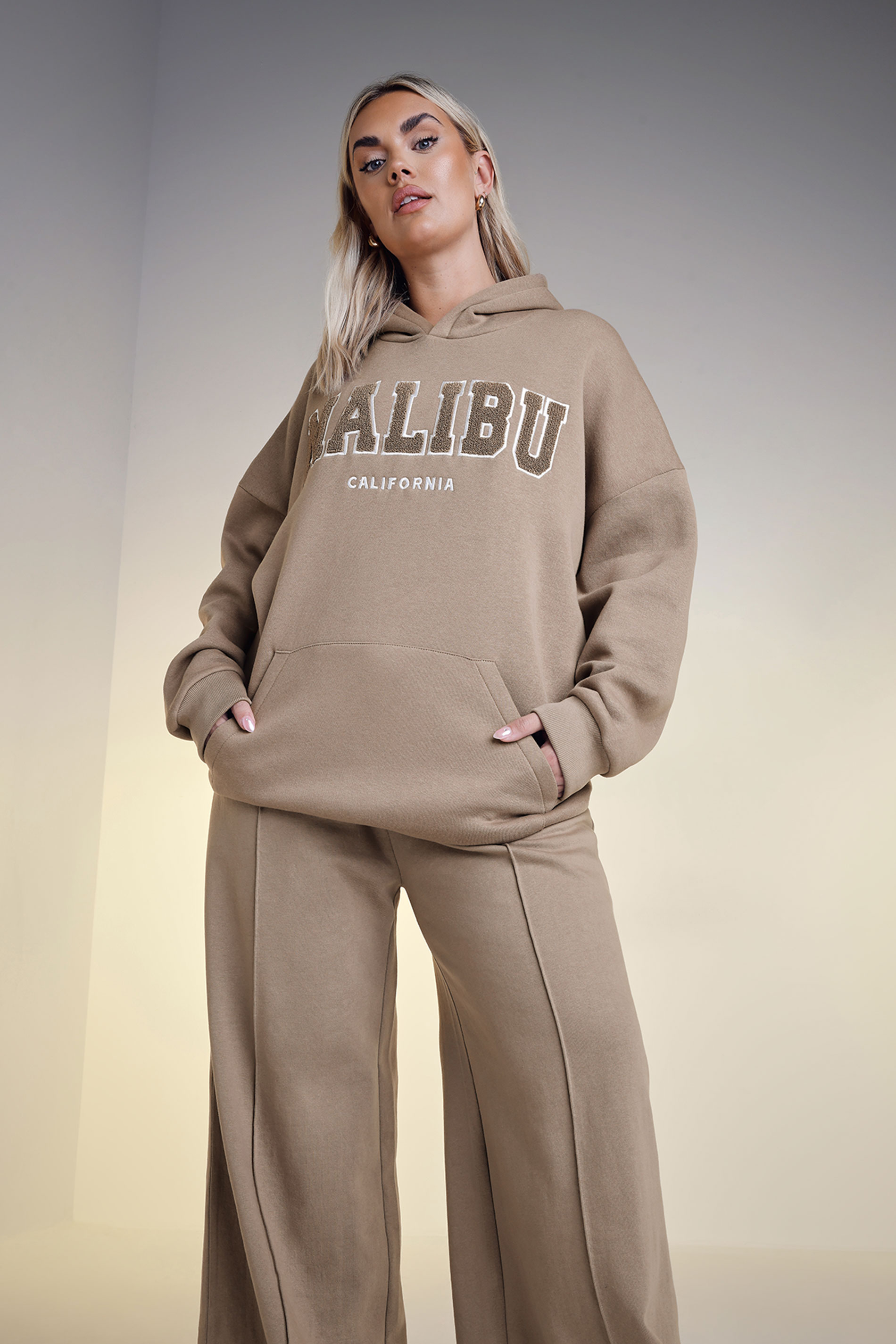 Yours YOURS Curve Brown 'Malibu' Embroidered Slogan Hoodie