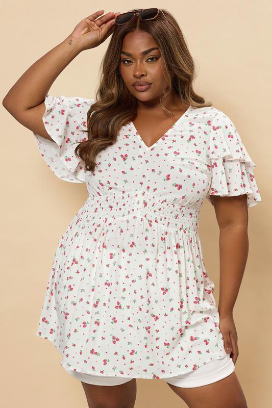 Yours YOURS Curve White Strawberry Print Peplum Top