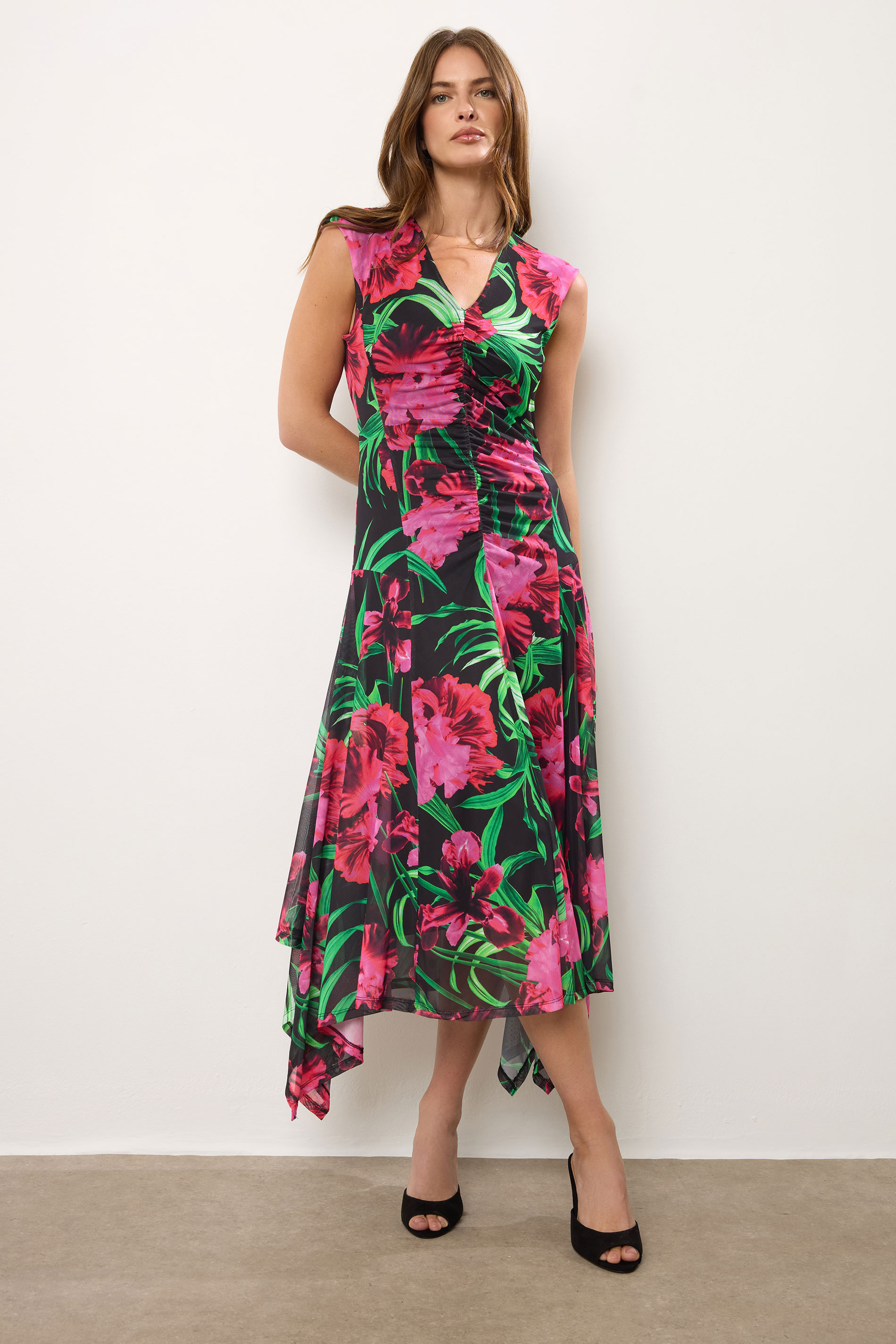 Star by Julien Macdonald STAR Black Mesh Floral Hanky Hem Midi Dress