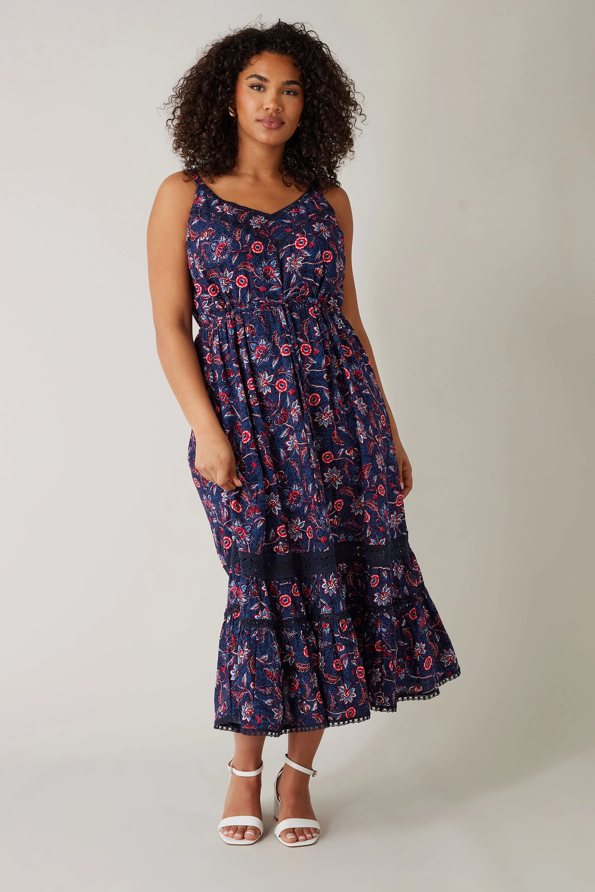 Evans EVANS Curve Blue Floral Print Crochet Trim Midi Dress