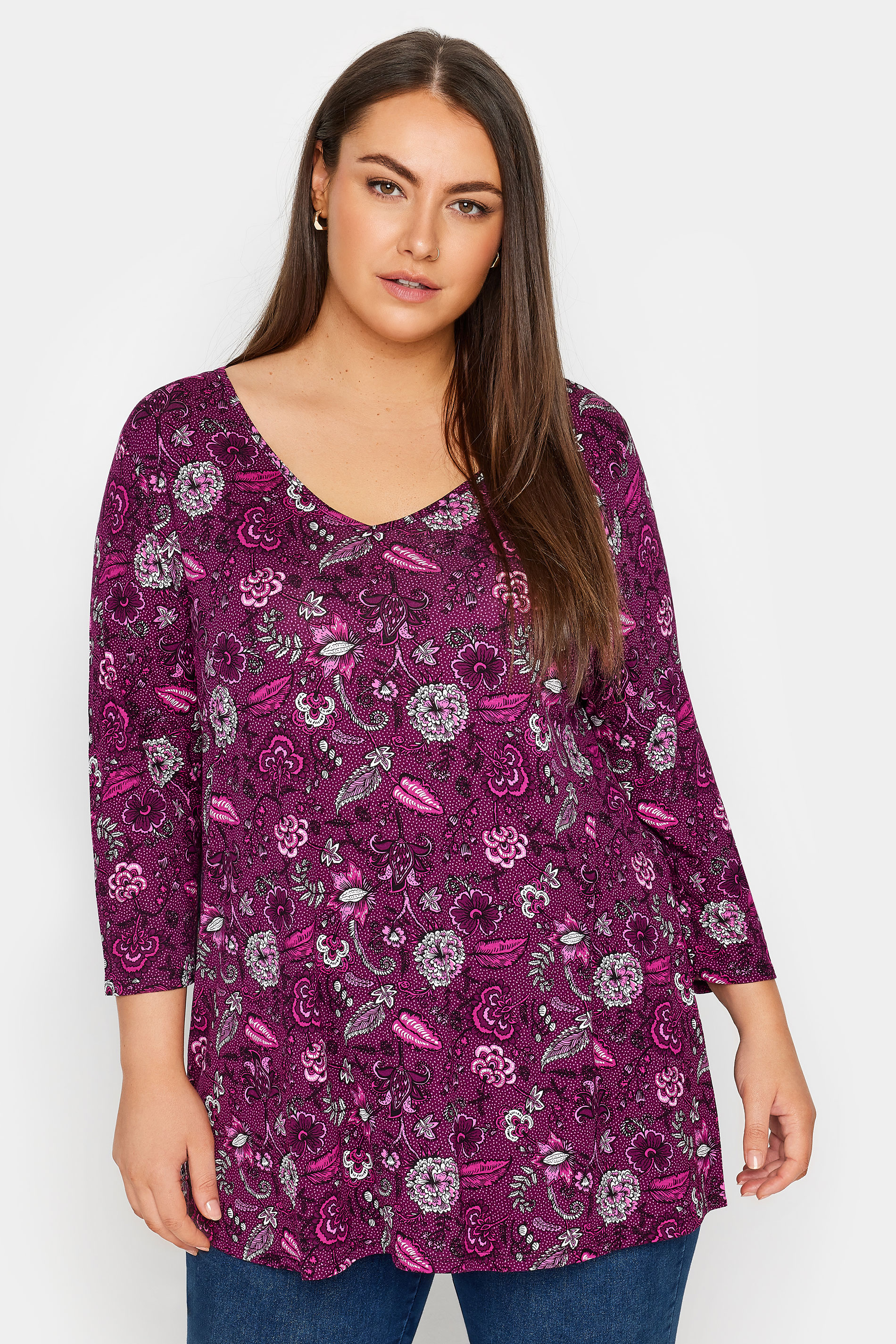Evans Evans Purple Floral & Paisley Print Long Sleeve Top