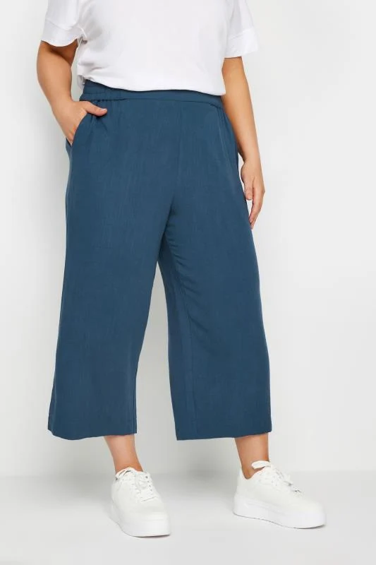 Yours YOURS Curve Navy Blue Wide Leg Cropped Linen Trousers