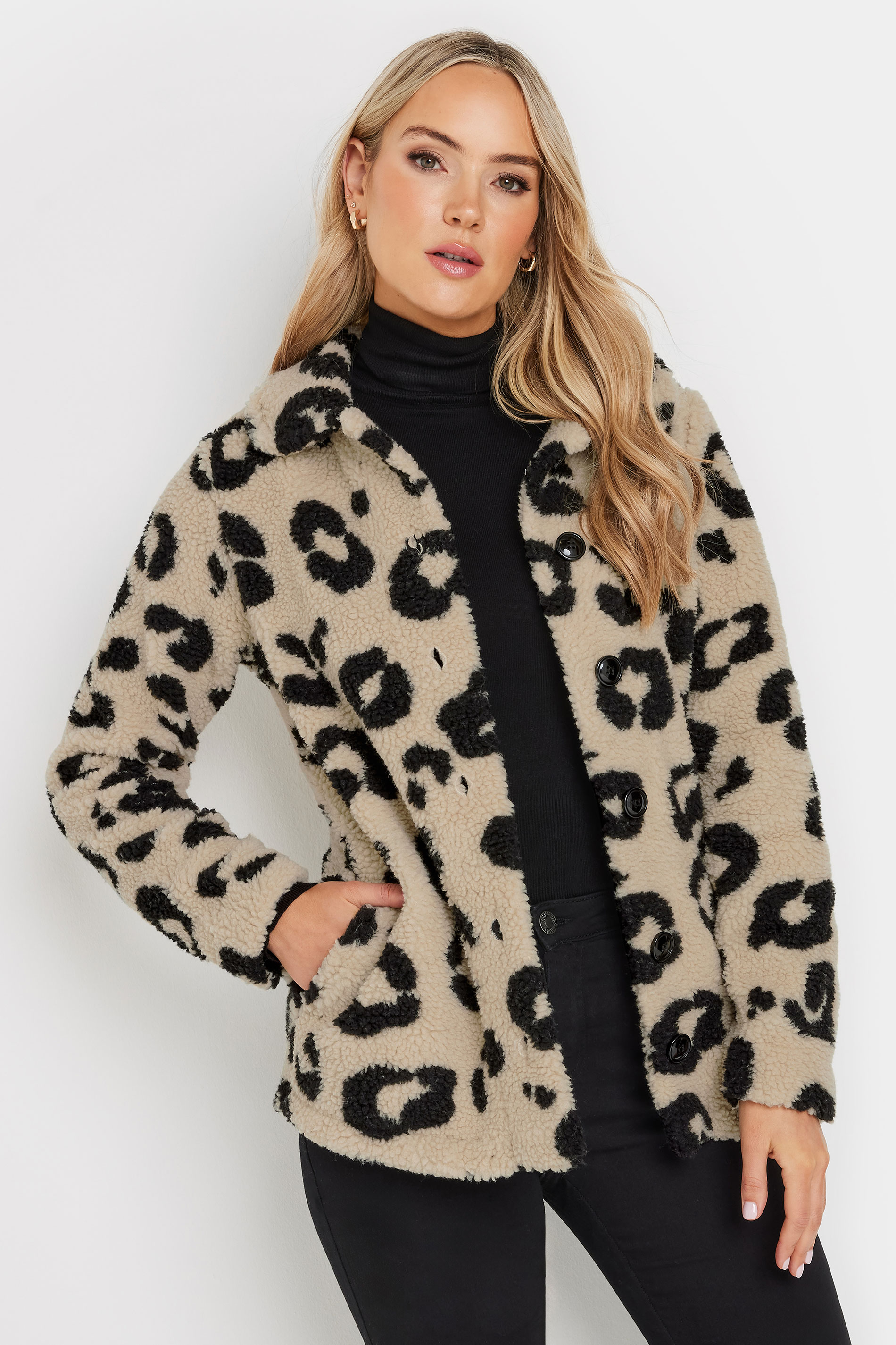 LTS LTS Tall Beige Brown Animal Print Teddy Fleece Jacket