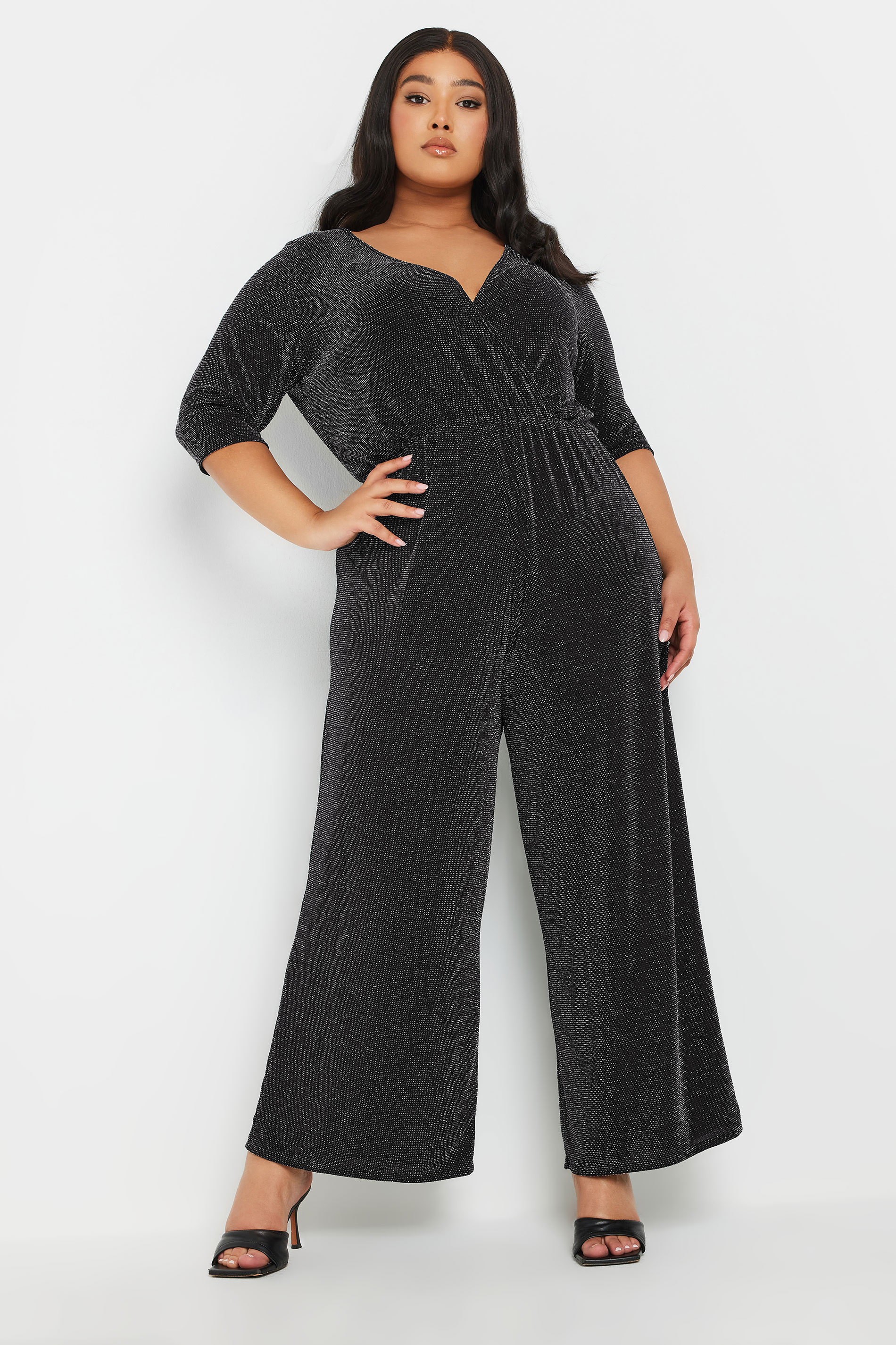 Yours YOURS Curve Black Metallic Wrap Jumpsuit
