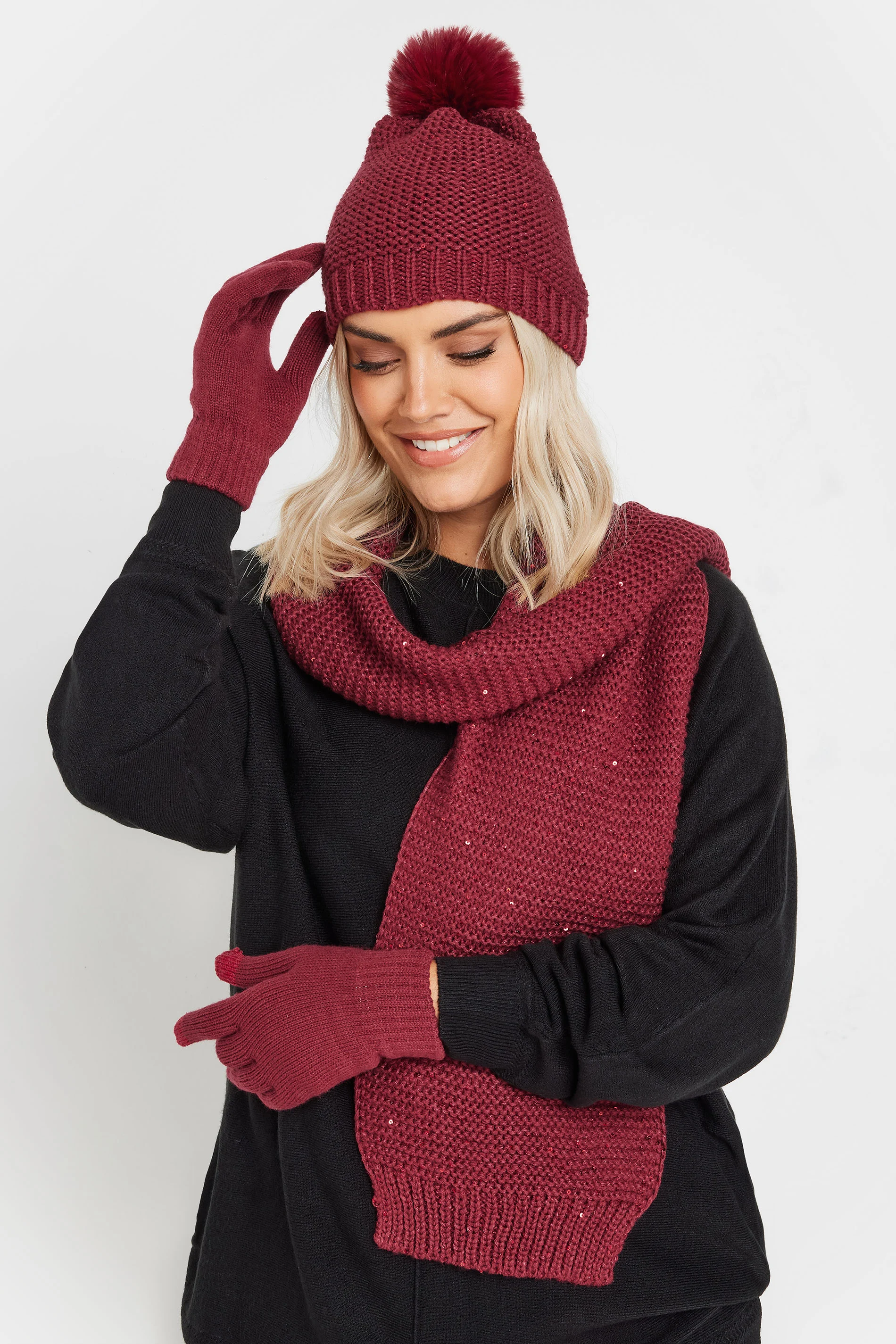 Yours Red Sequin Knitted Hat Gloves & Scarf Set