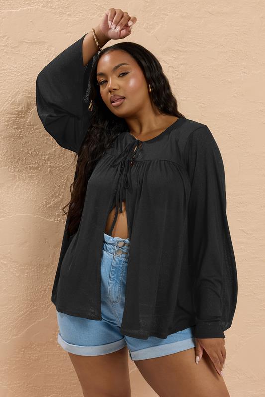 Yours YOURS Curve Black Lightweight Tie Front Top