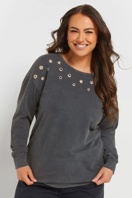 Yours YOURS Curve Grey Acid Wash Eyelet Sweatshirt