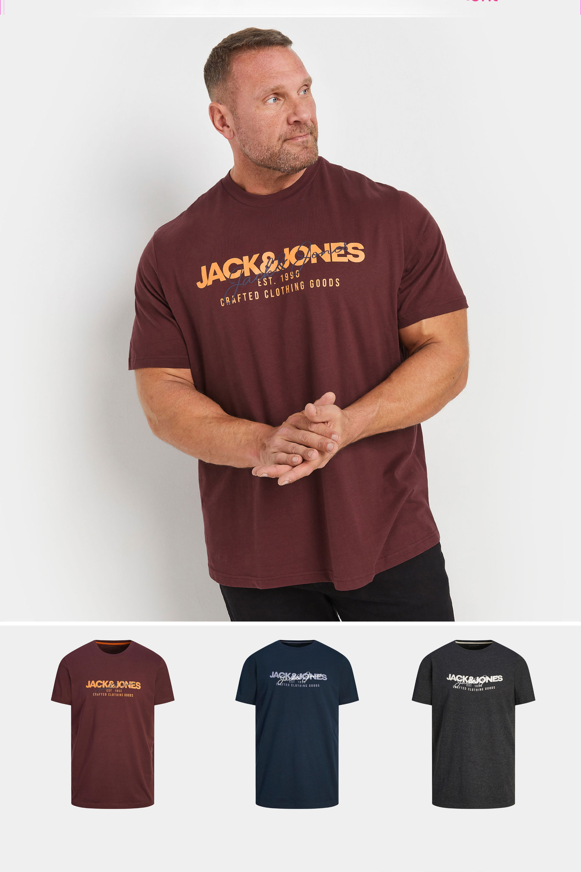 Jack & Jones JACK & JONES Big & Tall Wine Red & Navy Blue 3 Pack T-Shirts
