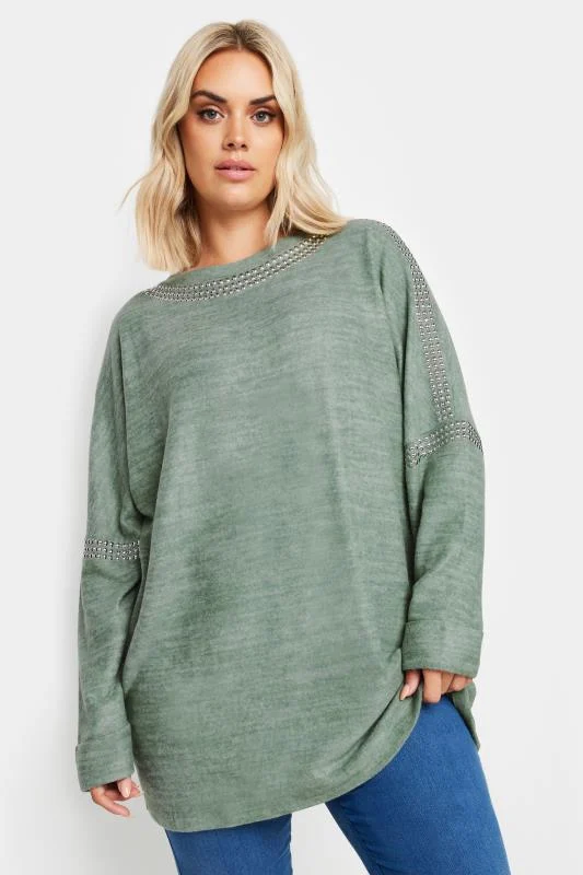 Yours YOURS Curve Sage Green Marl Stud Neckline Embellished Jumper