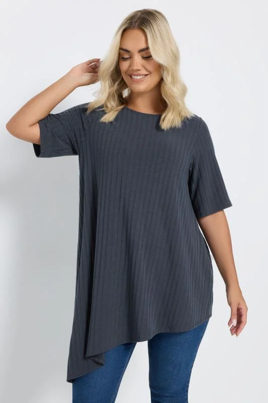 Yours YOURS Curve Charcoal Grey Asymmetric Ribbed T-Shirt