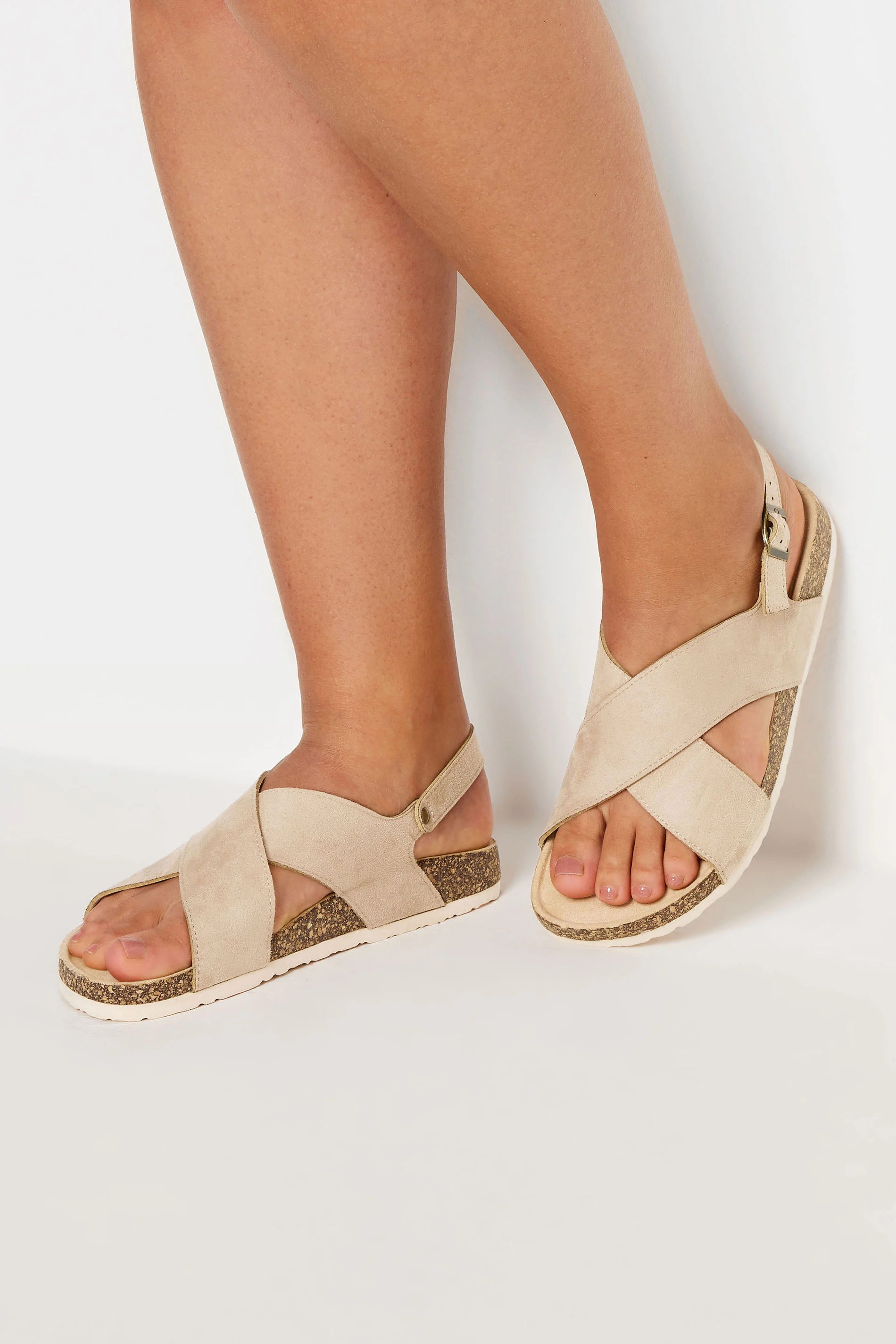 Yours Beige Brown Cross Strap Footbed Sandals In Wide E & Extra Wide EEE Fit