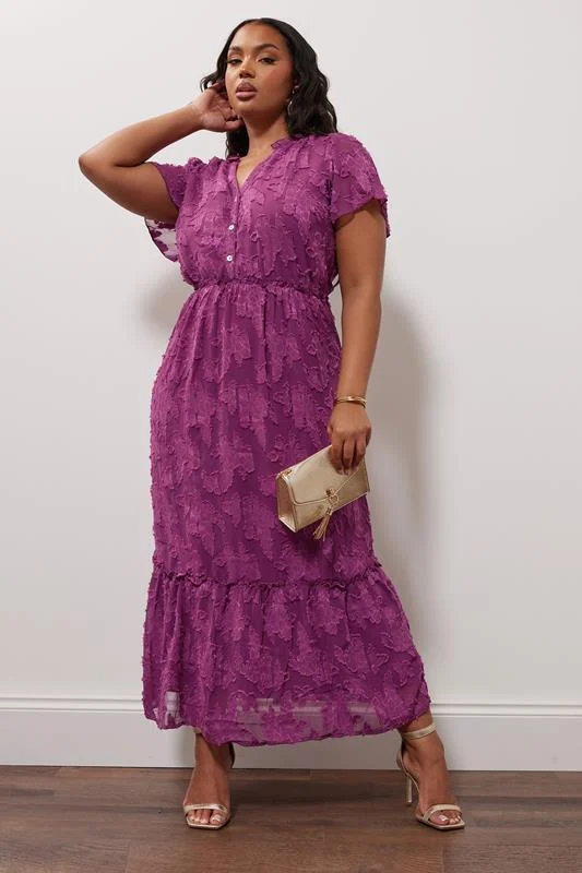 Yours London YOURS LONDON Curve Purple Burn Out Jacquard Ruffle Dress