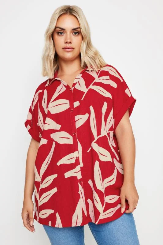 Yours YOURS Curve Red Leaf Print Crinkle Short Sleeve Shirt