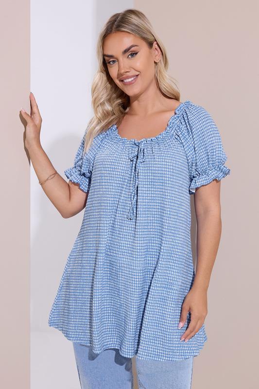 Yours YOURS Curve Blue & White Gingham Textured Frill Top