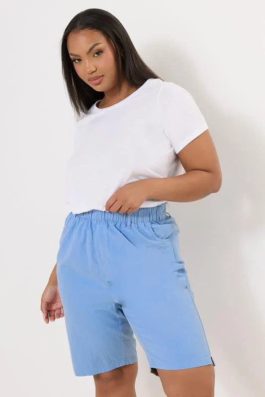 Yours YOURS Curve Light Blue Elasticated Cool Cotton Shorts