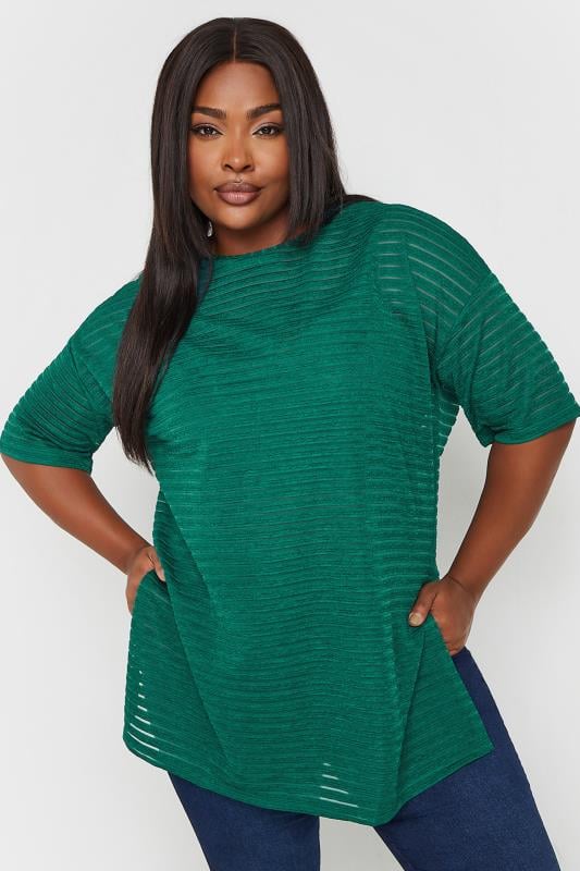 Yours YOURS Curve Green Mesh Short Sleeve Stripe Top