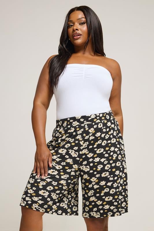 Yours YOURS Curve Black & Yellow Floral Jersey Shorts