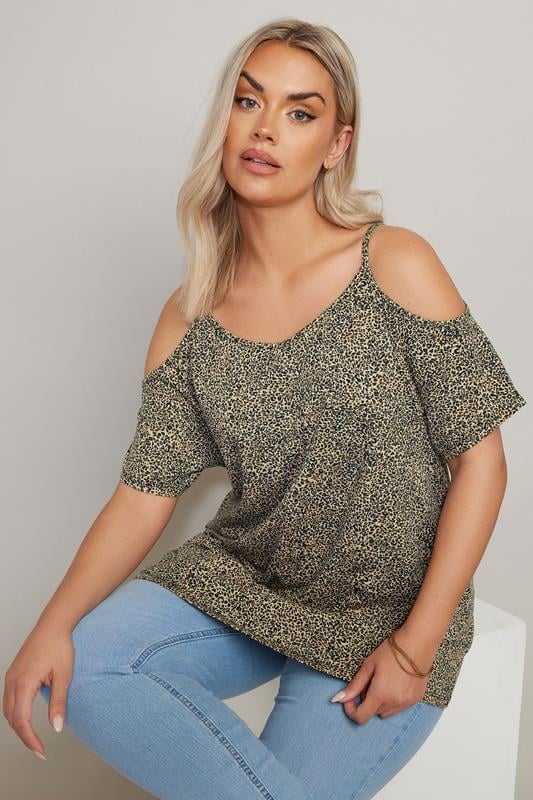 Yours YOURS Curve Brown Leopard Print Cold Shoulder Top