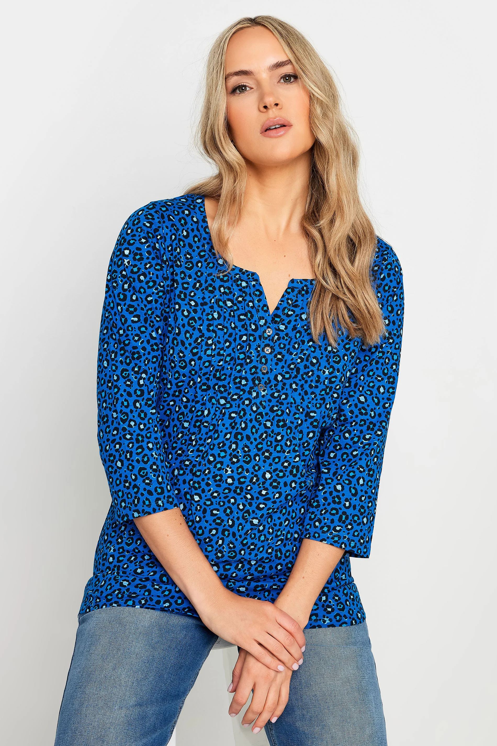 LTS LTS Tall Blue Leopard Print Pintuck Button Henley Top