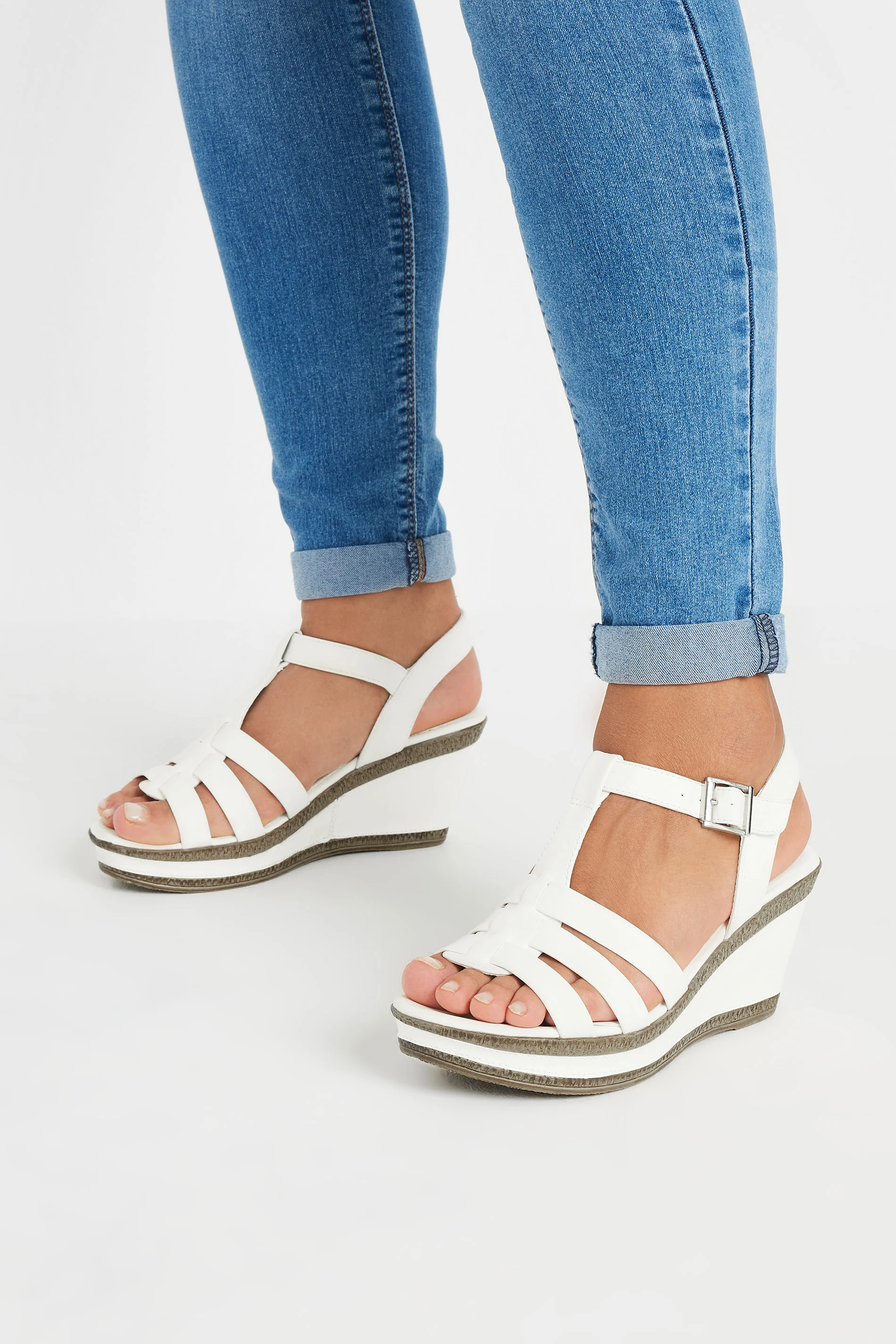 Yours White Faux Leather T-Bar Wedge Sandals In Wide E Fit & Extra Wide EEE Fit
