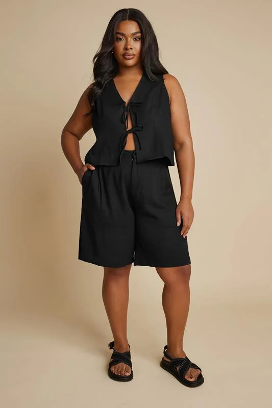 Yours YOURS Curve Black Cropped Bow Tie Front Linen Waistcoat