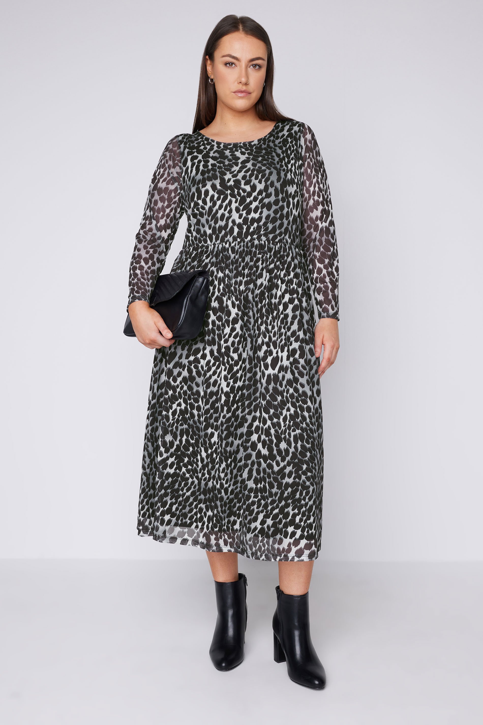 Evans EVANS Curve Grey Leopard Print Mesh Midaxi Dress