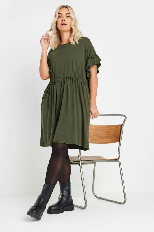 Yours YOURS Curve Khaki Green Frill Sleeve Mini Dress