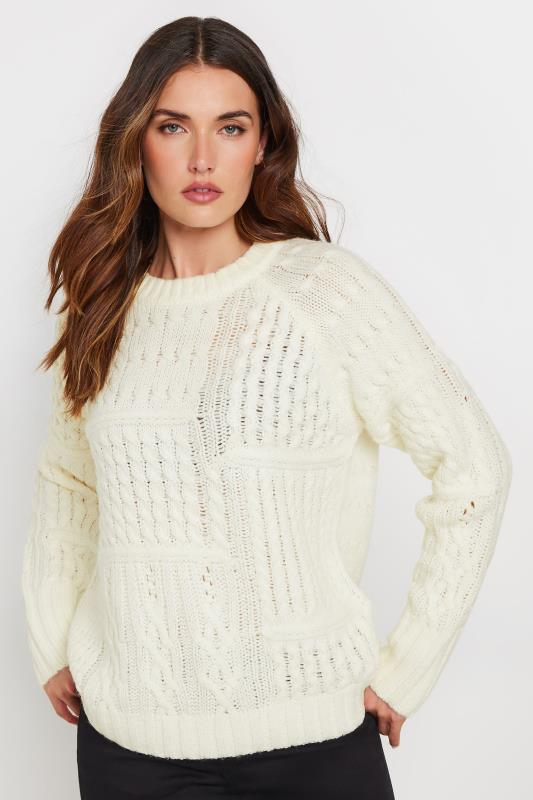 LTS LTS Tall Ivory White Patchwork Cable Knit Jumper