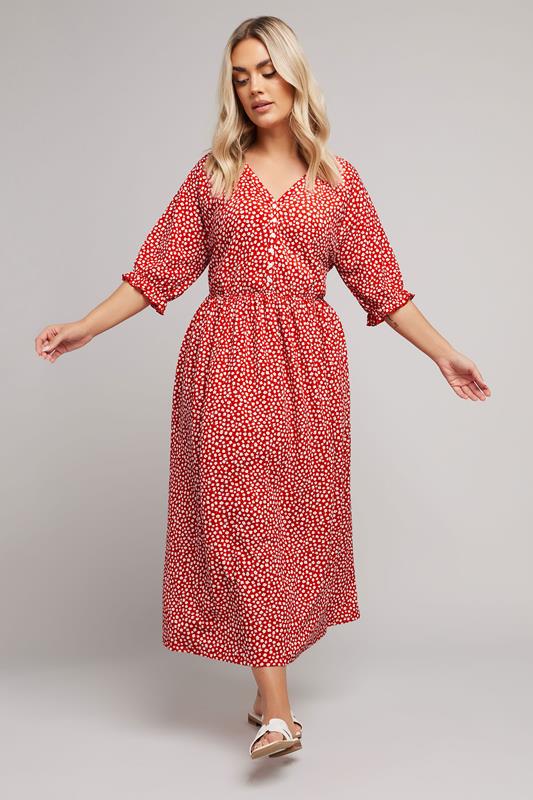 Yours YOURS Curve Red Textured Ditsy Floral Print Midaxi Dress