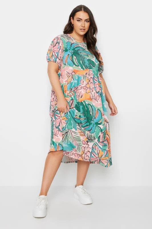 Yours YOURS Curve Blue Leaf Print Crinkle Smock Dress