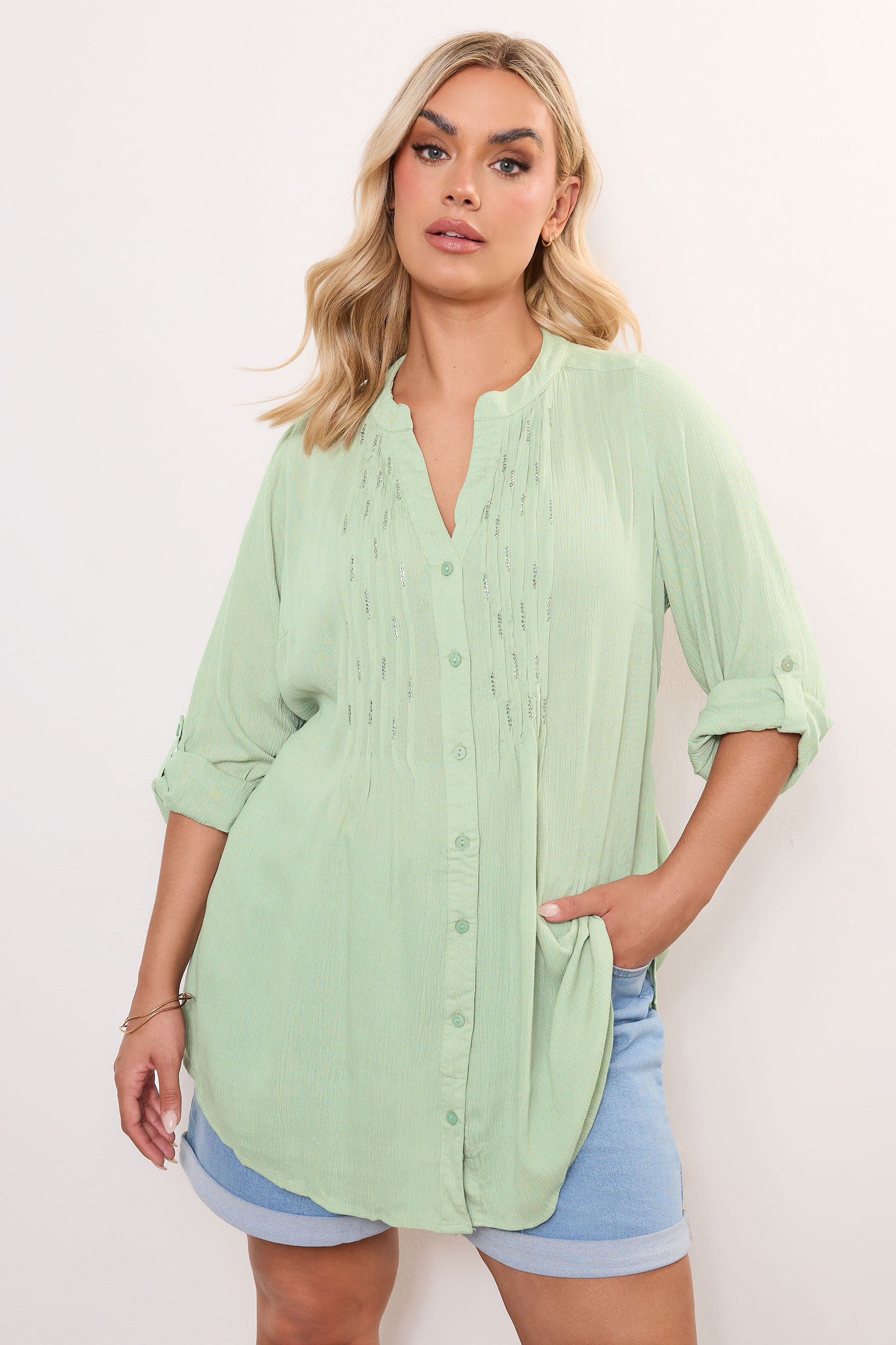 Yours YOURS Curve Mint Green Pintuck Embellished Shirt