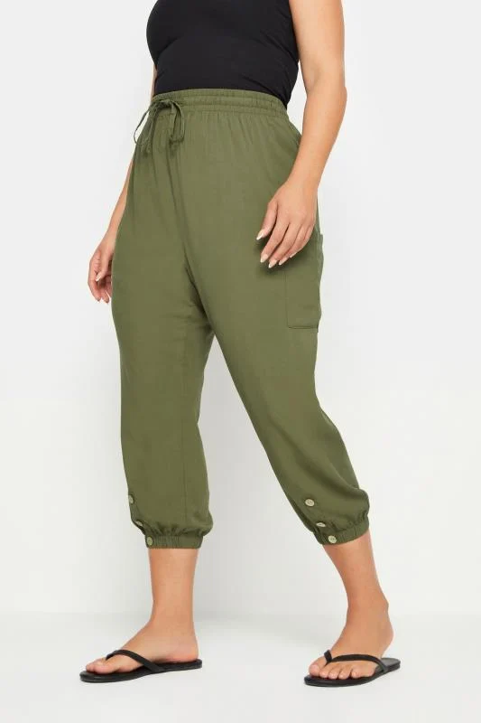 Yours YOURS Curve Khaki Green Button Front Cropped Trousers