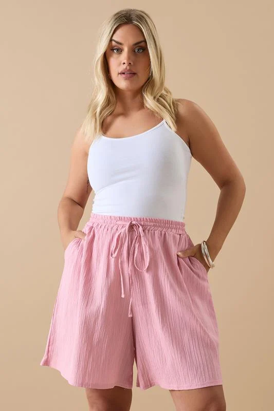 Yours YOURS Curve Pink Textured Tie Front Shorts