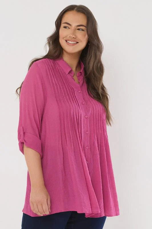 Evans EVANS Curve Pink Pintuck Tab Sleeve Shirt